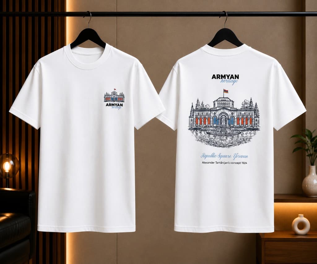 ARMYAN Hraparak Heritage T-Shirt — front and back on display rack, Republic Square Yerevan